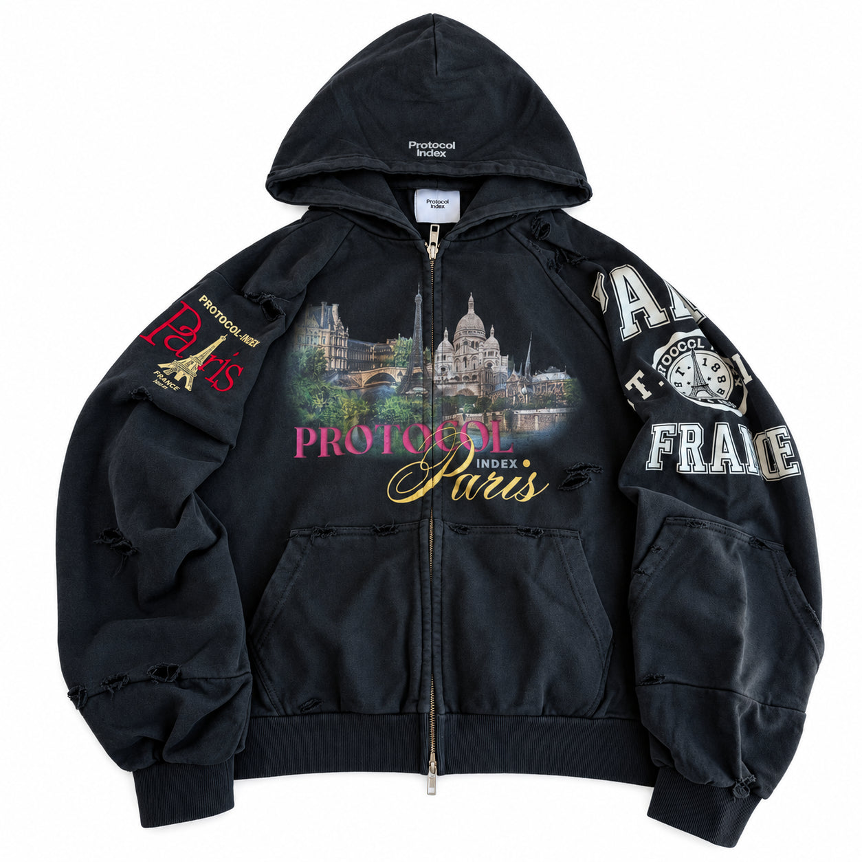 Protocol Index Paris Reconstructed Folded Zip Hoodie Black